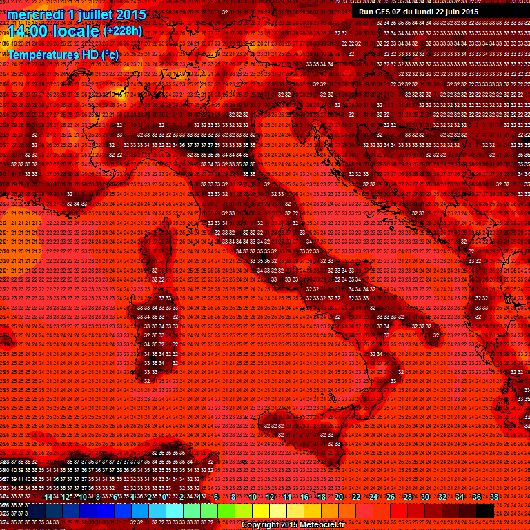 stima delle temperature massime per MER 1 luglio (GFS). al momento questo scenario è attendibile al 40-60%, l'ondata di caldo comunque è ormai molto probabile, solo da definirne l'intensità 